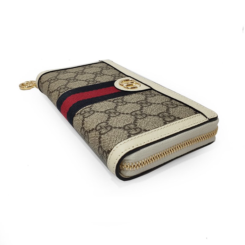   【GUCCI 古馳】523154 經典Ophidia系列GG印花綠紅綠織帶皮革飾邊拉鍊長夾(白色) 