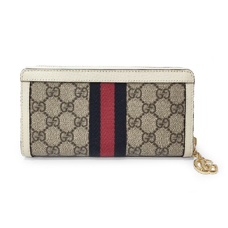   【GUCCI 古馳】523154 經典Ophidia系列GG印花綠紅綠織帶皮革飾邊拉鍊長夾(白色) 