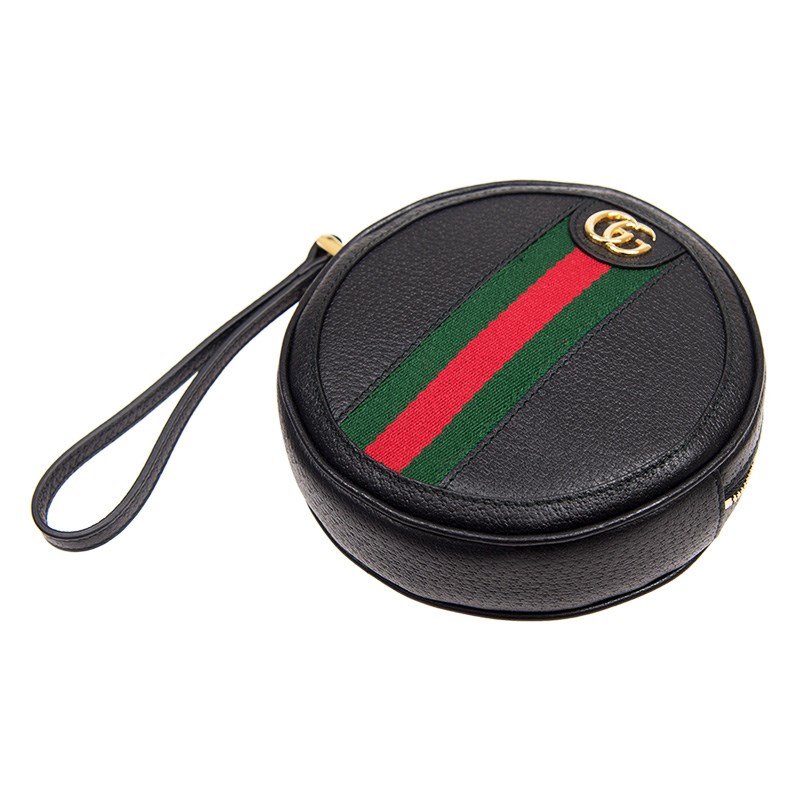   【GUCCI 古馳】574841 經典Ophidia系列皮革雙G LOGO圓餅掛腕手拿包(黑色) 