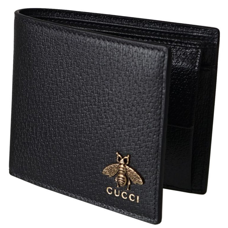 【GUCCI 古馳】522915 Animalier系列皮革蜜蜂裝飾零錢袋皮夾短夾(黑色)