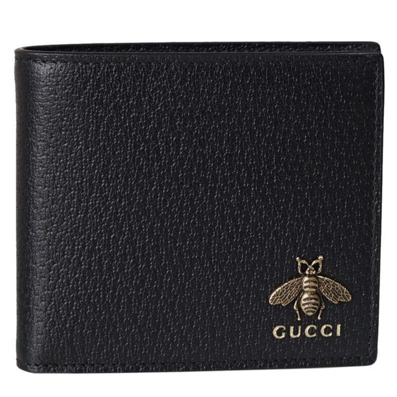 【GUCCI 古馳】522915 Animalier系列皮革蜜蜂裝飾零錢袋皮夾短夾(黑色)
