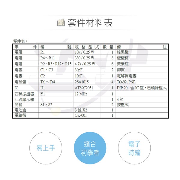 OK-001 簡易數位電子鐘 基礎電路 實習套件包 