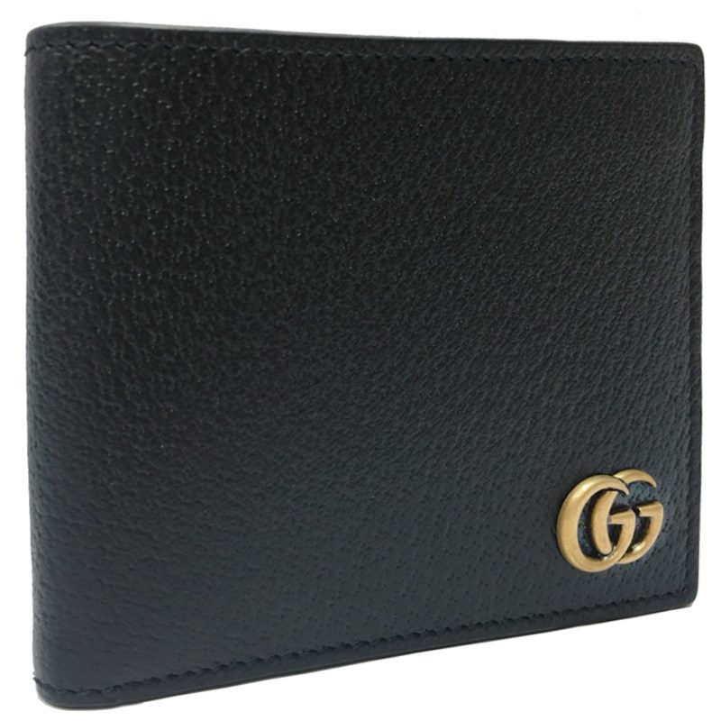 【GUCCI 】428726 經典GG Marmont系列金屬GG LOGO牛皮折疊短夾(黑色) 