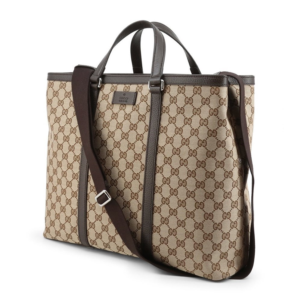 【GUCCI 古馳】449169 經典GG LOGO緹花布手提/斜背兩用購物包(棕色)