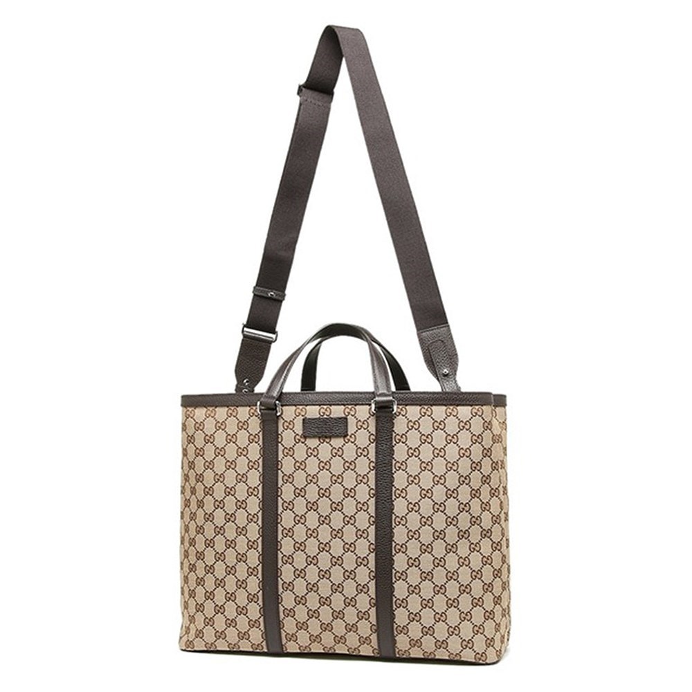 【GUCCI 古馳】449169 經典GG LOGO緹花布手提/斜背兩用購物包(棕色)