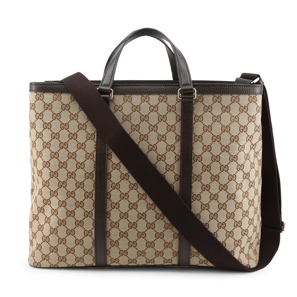 【GUCCI 古馳】449169 經典GG LOGO緹花布手提/斜背兩用購物包(棕色)