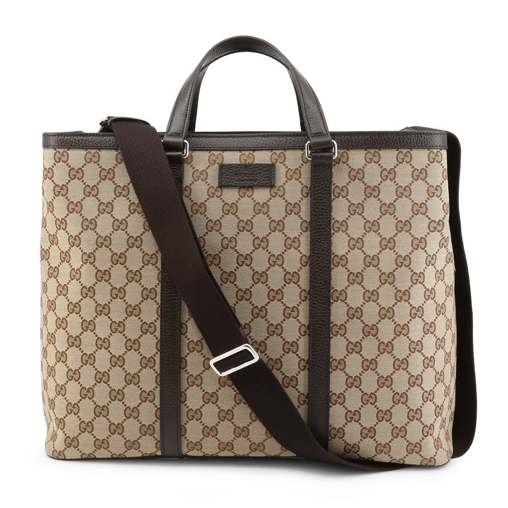 【GUCCI 古馳】449169 經典GG LOGO緹花布手提/斜背兩用購物包(棕色)