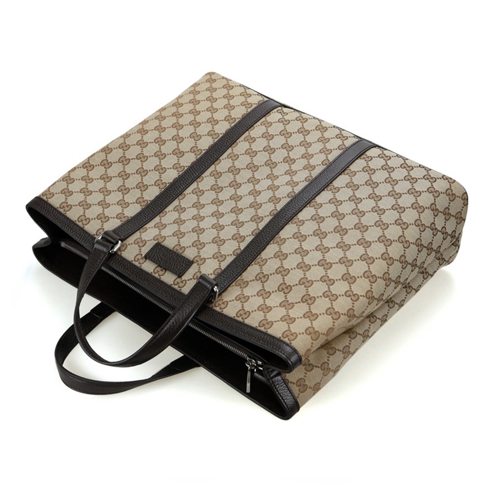 【GUCCI 古馳】449169 經典GG LOGO緹花布手提/斜背兩用購物包(棕色)