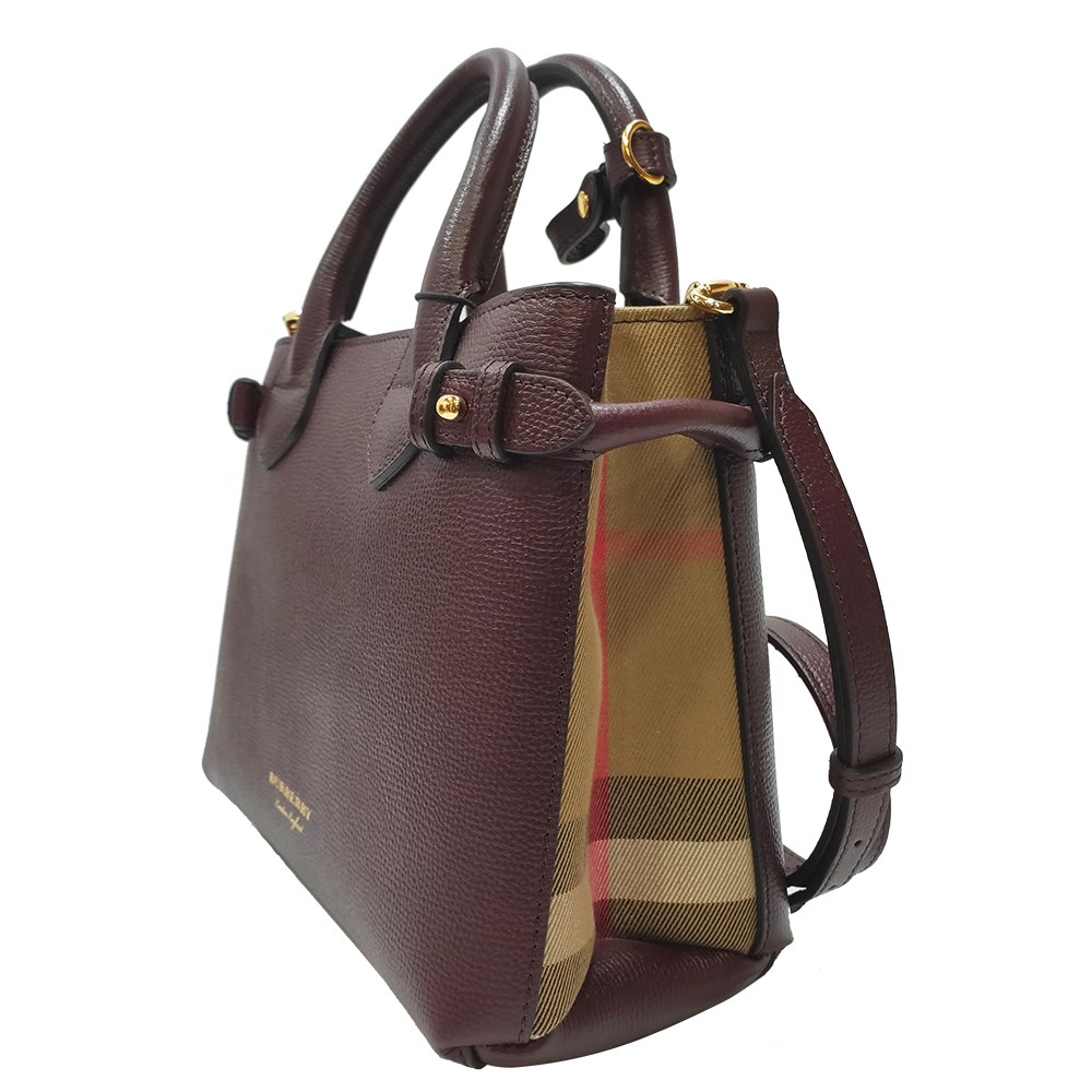 【BURBERRY 巴寶莉】40237041 經典Banner皮革拚接格紋中型手提包/斜背包(酒紅)