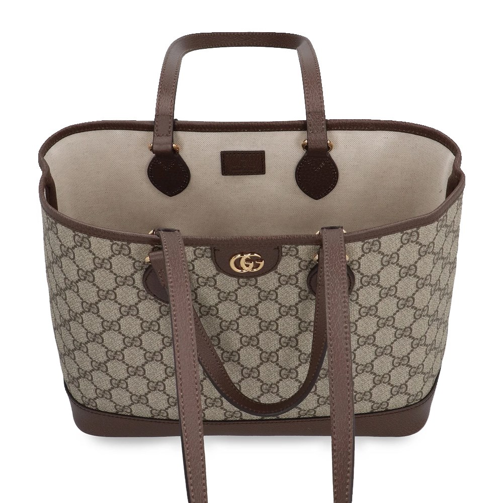 【GUCCI 古馳】 765043 經典GG Supreme帆布中型手提/肩背托特包(棕色)