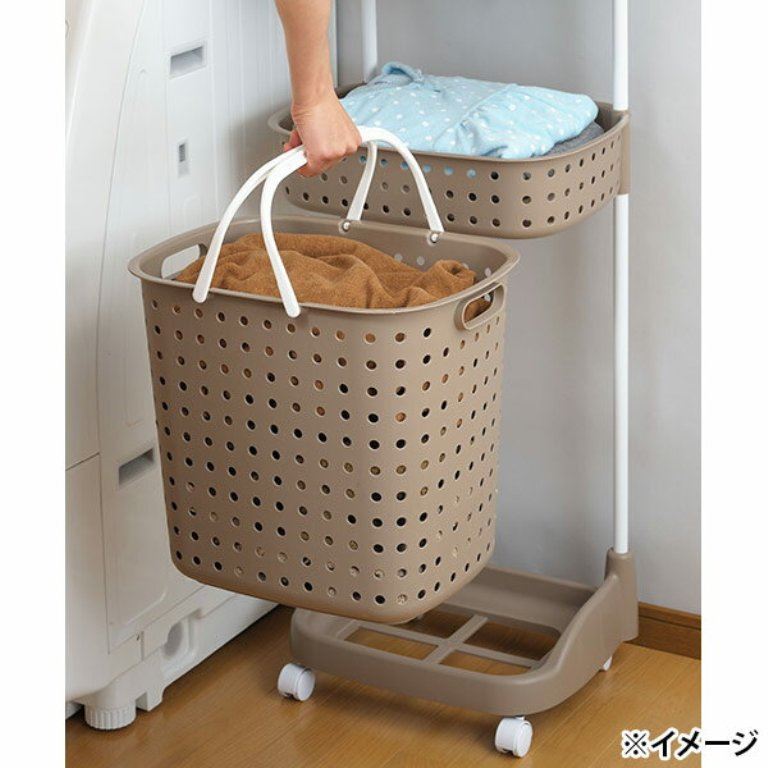 日本製  JEJ  2層洗衣籃附輪+毛巾架 -牙白4528302640510-棕 4528302640527