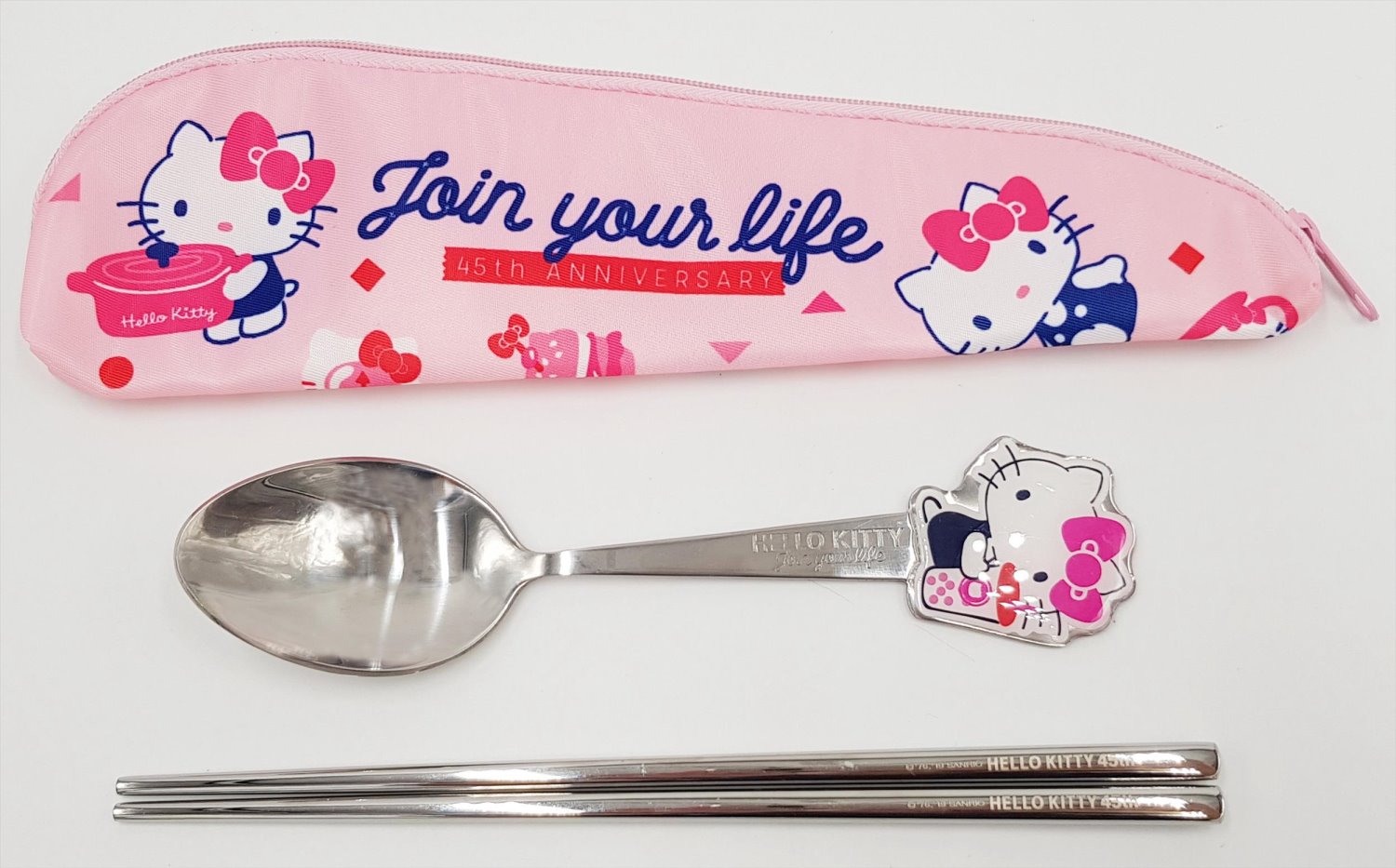 三麗鷗系列 Hello Kitty凱蒂貓 造型兩件式.布套餐具組.不鏽鋼餐具組附餐具袋.筷匙.環保餐具~KT-45-1539-鍋子/ KT-45-1540-heart-點心