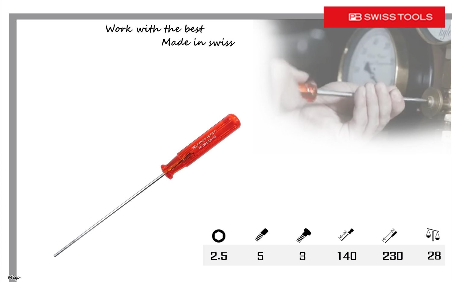 PB 205 L 2.5-140 公制:2.5mm 加長型六角螺絲起子
