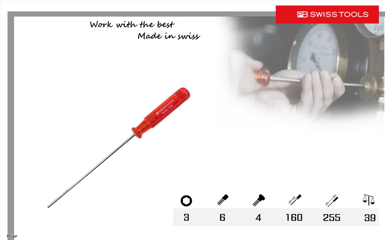 PB 205 L 3-160 公制:3mm 加長型六角螺絲起子