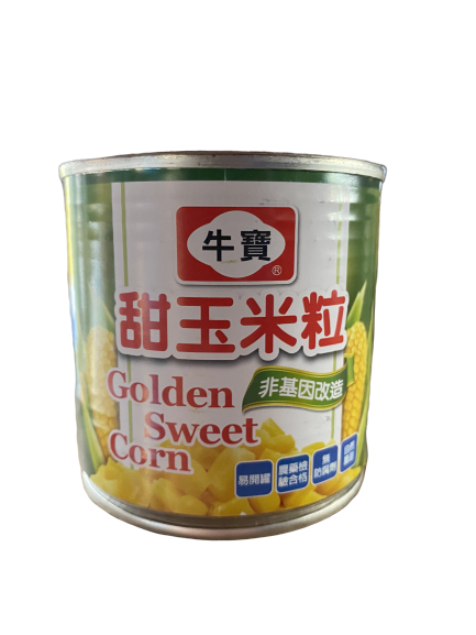 牛寶牌玉米粒易開罐340g/1箱24入，嚴選優質甜玉米製成，飽滿金黃，口感清甜爽脆，開罐即食、快速料理。適合餐廳、早午餐店、團膳、食品加工業與家庭備貨。台南、高雄、屏東皆可快速配送