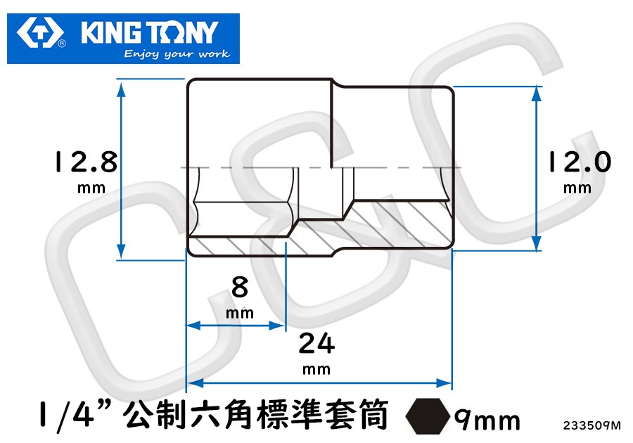KING TONY 1/4”公制9mm六角標準套筒