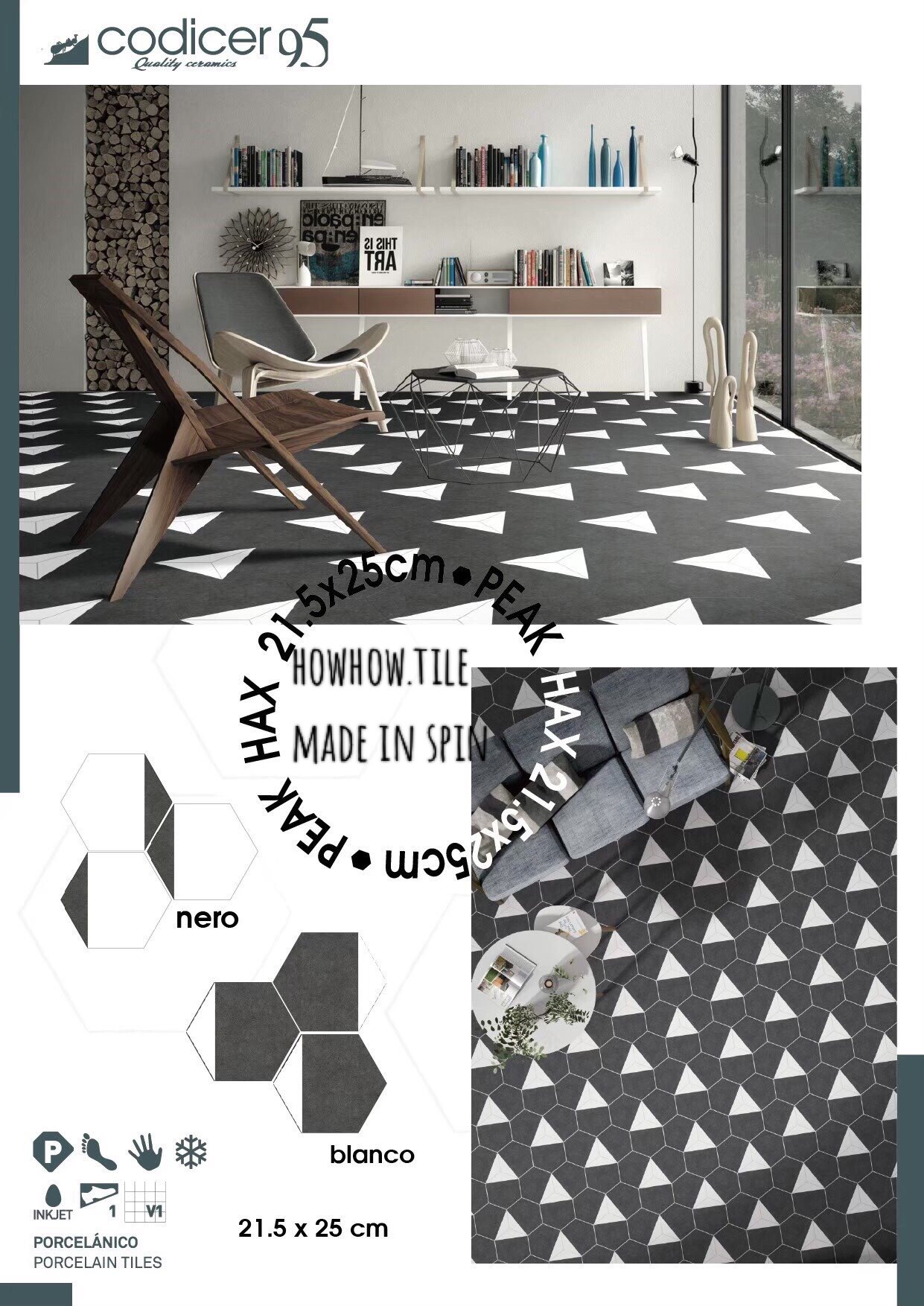 西班牙-黑白六角磚21.5*25cm*YJ246庫