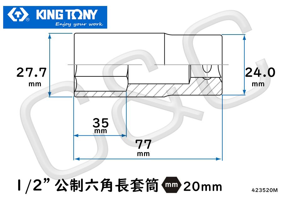 KING TONY 1/2”公制20mm六角長套筒