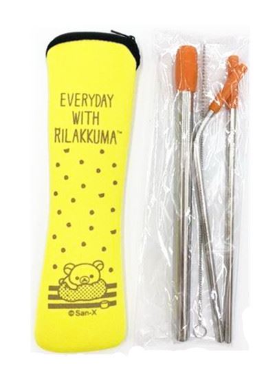 拉拉熊 Rilakkuma 懶懶熊 RLKM-1585  316潛水布套不鏽鋼吸管5件組 -2款-黃.粉  4712977465855