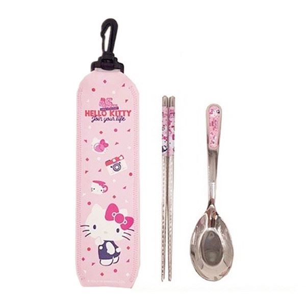 三麗鷗系列  Hello Kitty凱蒂貓 45周年紀念 掛勾式 2件式不銹鋼餐具組- KT-1449粉色 . KT-1500桃紅