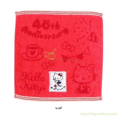 三麗鷗系列 Hello Kitty凱蒂貓  40週年 紅.白提花刺繡手帕小方巾   4905296439304
