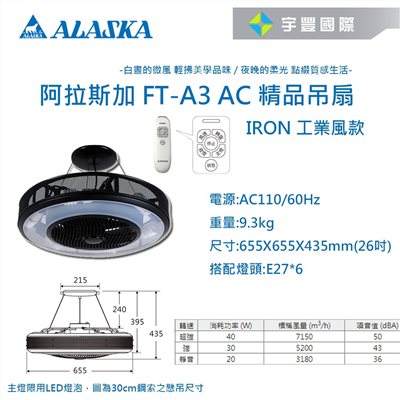 【宇豐國際】含稅 阿拉斯加ALASKA 精品吊扇 AURA-IRON 工業風款 三段變速 FT-A3 AC 循環扇 遙控