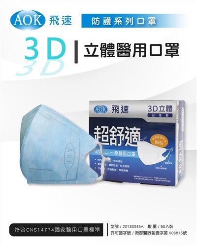AOK 3D立體醫用口罩 50入/盒 粉藍 S/M/L/XL