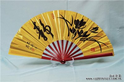 E-04金蔥扇(金色-紅骨)靜:蘭花(台灣製)