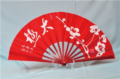 E-28太極扇(尼龍布)(紅色-紅骨)太極:梅花(台灣製)