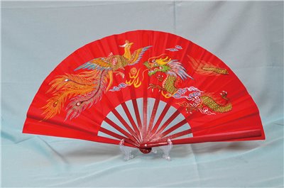 E-36太級扇(尼龍布)(紅色-紅骨)彩色龍鳳(台灣製)