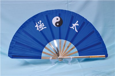 E-54太極扇(塑鋼.旁兩支鋅鋁合金)(尼龍布)(藍色-白色骨)