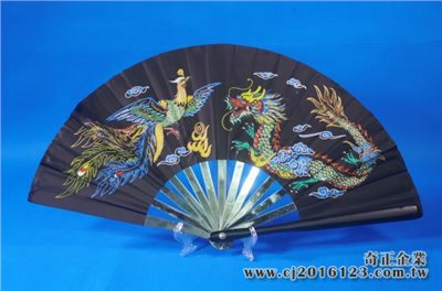 E-58太極扇(不銹鋼)(尼龍布)(黑色-白色骨)彩色龍鳳(大陸製)