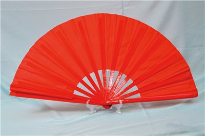E-48太極扇-加長(38公分)(尼龍布)(紅色-紅骨)彩色龍鳳(大陸製)