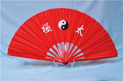 E-43太級扇-加長(38公分)(尼龍布)(紅色-紅骨)太極(大陸製)