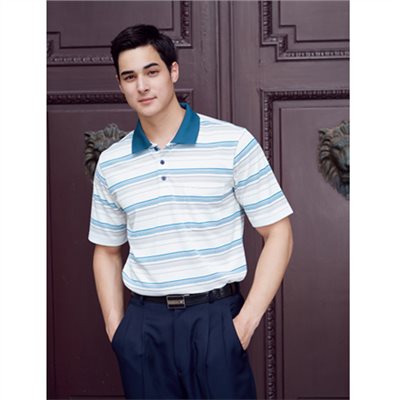 瑞多仕 DB8945 Coolmax 男條紋POLO 白色/銀灰色/靛藍色  戶外休閒   