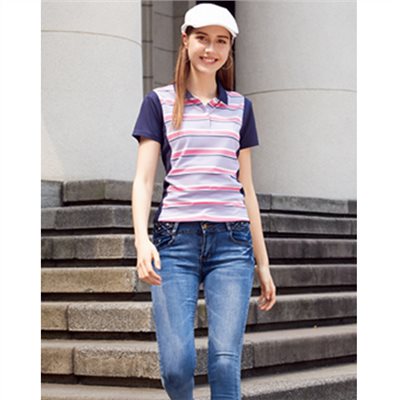 瑞多仕 DB8956 Coolmax 女條紋POLO 粉紫色/白色/桃粉紅色/暗藍灰色  戶外休閒     