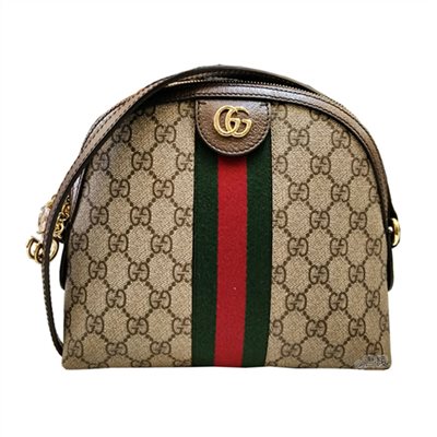 【GUCCI 】499621 經典Ophidia系列 GG Supreme帆布印花綠紅綠織帶皮革飾邊拉鍊斜背包(棕色)