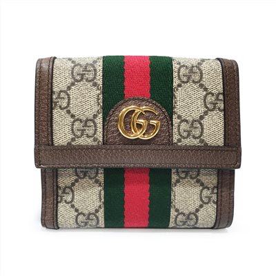 【GUCCI 古馳】523173 經典Ophidia GG印花帆布牛皮飾邊暗釦短夾(棕色