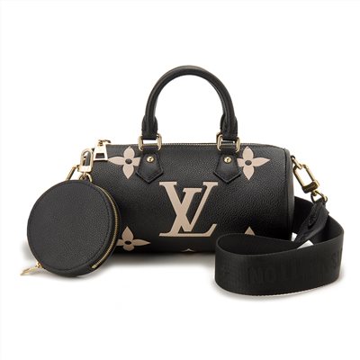 【Louis Vuitton 路易威登】M45980 PAPILLON BB 雙色皮革壓花LOGO手提斜背包(黑色x米白色)