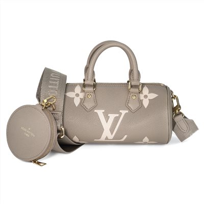 【Louis Vuitton 路易威登】M46031 PAPILLON BB 雙色皮革壓花LOGO手提斜背包(斑鳩灰x奶油色)