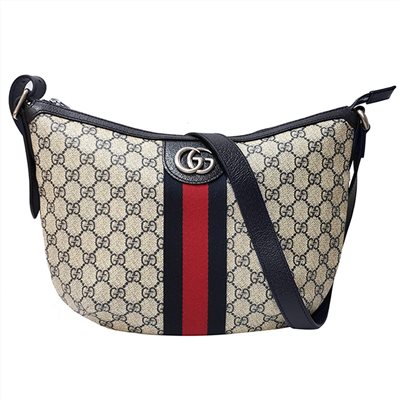 【GUCCI 古馳】598125 經典Ophidia系列 GG Supreme帆布印花綠紅綠織帶皮革飾邊肩背/斜背彎月包(藍黑色)