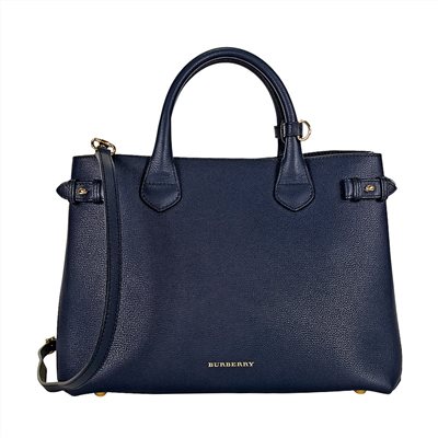 【BURBERRY 巴寶莉】40236961 經典 Banner皮革拚接格紋大型手提包/肩背斜背包(深藍色)