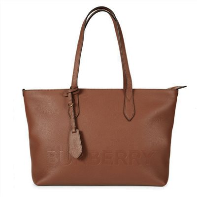 【BURBERRY 巴寶莉】80528551 經典烙印LOGO皮革手提肩購物包托特包(棕色)