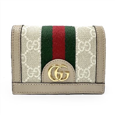 【GUCCI】523155 經典Ophidia GG印花帆布牛皮飾邊暗釦卡夾/零錢包(燕麥色)