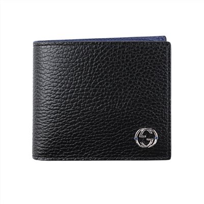 【GUCCI 古馳】610466經典GG  LOGO荔枝牛皮拚色男用對開零錢短夾(藍色)