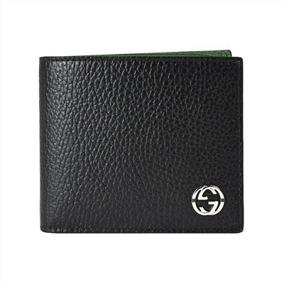 【GUCCI 古馳】610466經典GG  LOGO荔枝牛皮拚色男用對開零錢短夾(綠色) 