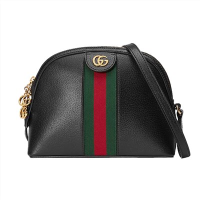 【GUCCI 古馳】719881 經典Ophidia系列綠紅綠織帶牛皮貝殼包 肩背/斜背包(黑)