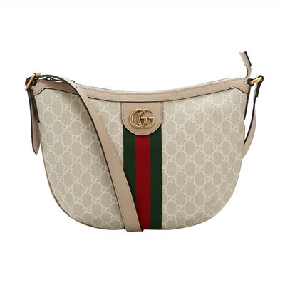 【GUCCI 古馳】598125 經典Ophidia系列 GG Supreme帆布印花綠紅綠織帶皮革飾邊肩背/斜背彎月包 (燕麥色)