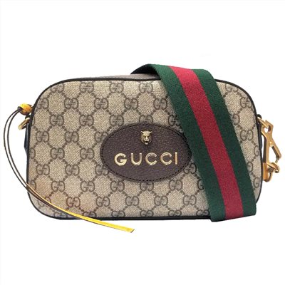 【GUCCI 古馳】476466 經典GG Supreme帆布印花雙色織帶相機斜揹包(棕色)
