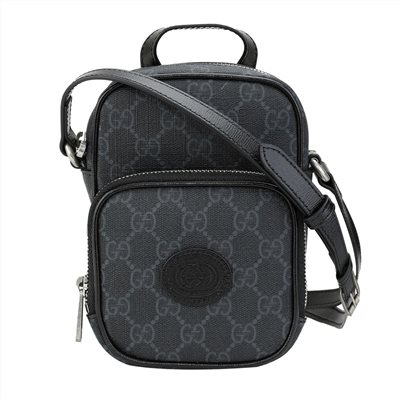 【GUCCI 古馳】672952 經典Retro系列帆布迷你手提/斜背GG Supreme兩用手機包(黑灰色)
